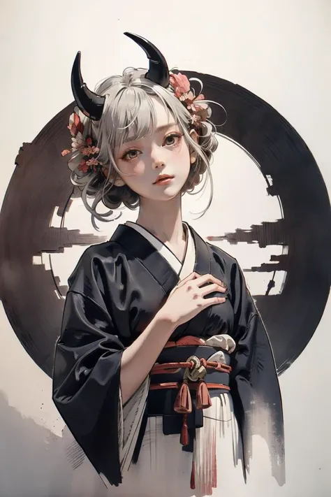 1girl, kimono,  doll on hand, Japanese traditional style, devil horns, ghost mask<lora:ghost doll_20230805145739:0.5> ghostdoll <lora:DarkSpheraStyle:0.25> DarkSpheraStyle <lora:HBD4:0.5> heibaidiao, silhouette, light and shadow, <lora:try2:0.5> <lora:aki:...