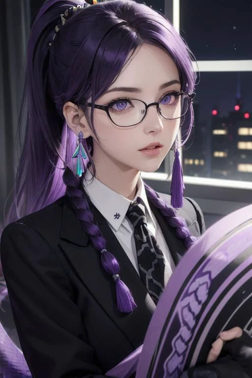 (masterpiece, best quality, perfect face, perfect eyes, detailed face, snake eyes:1.3), woman, snake lady, purple hair, neat hair, ponytail, purple gray eyes, (business suit, black suit, light purple shirt:1.2), purple tie, menacing, glasses, black gloves,...