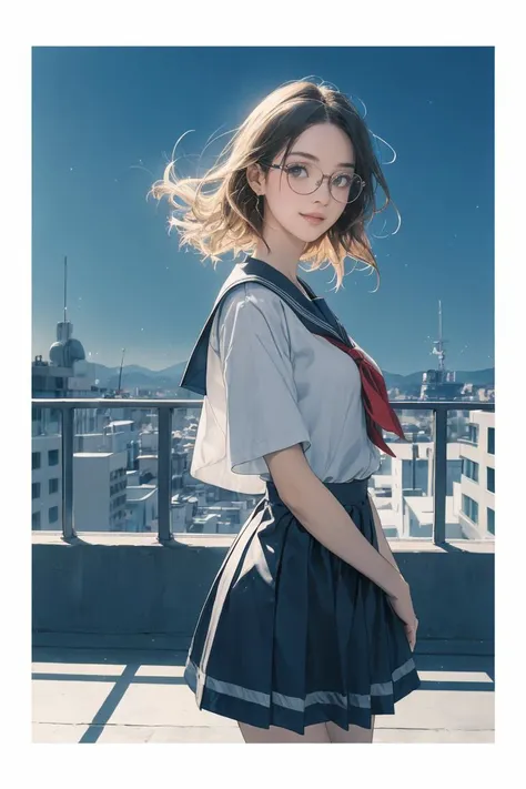 a woman in a sailor outfit posing on a balcony with a city in the background