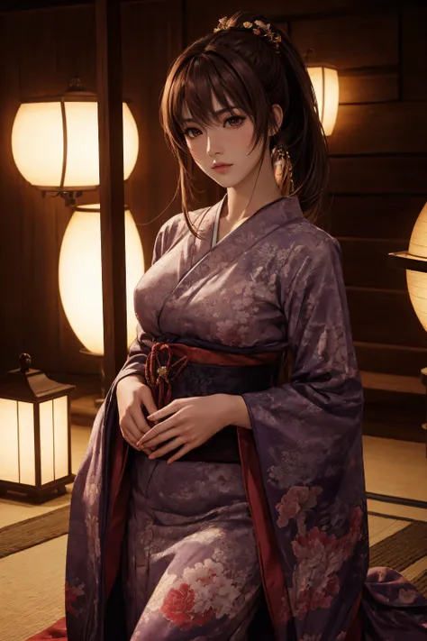 masterpiece,best quality,perfect face,intricate,beautiful scenery,ultra realistic 8k CG,perfect artwork,1girl,doaxvv,kasumi,medium breasts,beautifuleyes,ponytail,beautiful body,beautiful skin,narrow waist,Courtesan,oiran,luxurious kimono,outdoor,night,japa...