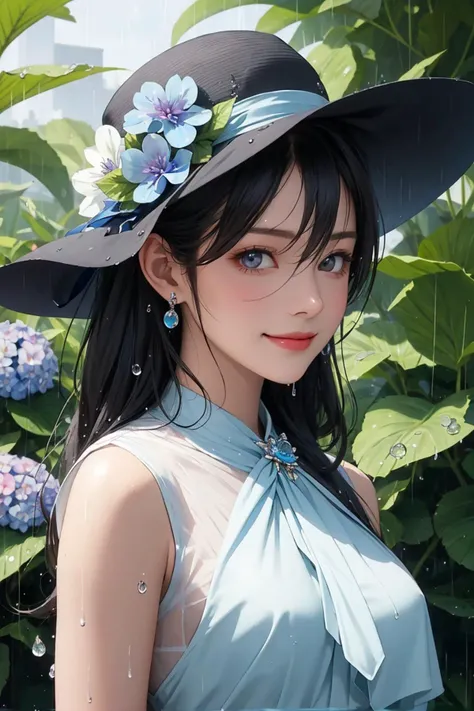 masterpiece,best quality,1girl, bangs, blue flower, blue-ribbon, blue rose, brooch, closed mouth, flower, gem, hair between eyes, hat, hat flower, hydrangea, jewelry, leaf, long hair, looking at viewer, plant, rain, smile, solo, upper body, water, waterdro...