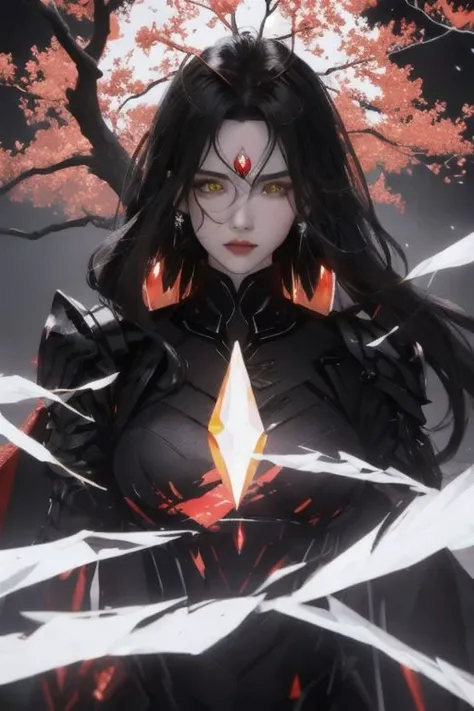 black rock land with many glow red:1.2 crystals and many bright yellow crystals, blackist rock land, (one huge illusion tree made of white bright lights), (1girl:1.3, beautiful woman, white glow armor, ), black land, face focus