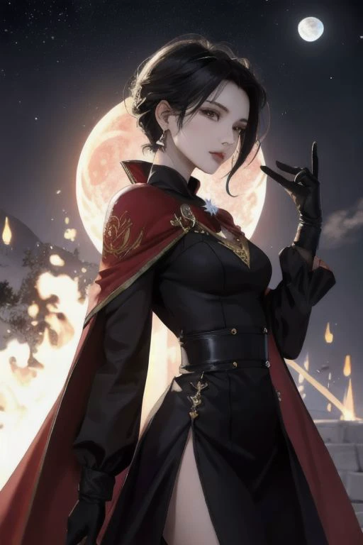 masterpiece, best quality, beautiful, 1girl, side view, syanna, red capelet, black suit, long sleeves, gloves short hair, black hair, beauty mark, castle, fire, burning village, night, lunar eclipse, starry sky, looking at viewer, alluring, Degen-Syanna:0....