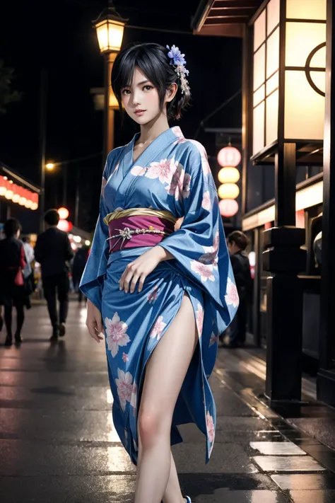 best quality, perfect face, intricate, beautiful scenery, ultra realistic 8k CG, perfect artwork, 1girl, nagisa, beautiful skin, beautiful face, beautiful legs, yukata, outdoor, japanese festival, night, depth of field, looking at viewer, blush, <lora:flat...