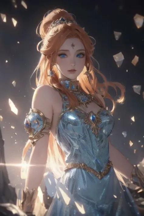 ultra detailed drawing of a cute girl with big and round shiny eyes wearing dress, blue eyes ginger hair, looting lots of crystals, rock walls, backlit, highly illuminated, visually rich, anime, JRPG, enchanting, emotionally evocative, detailed environment...