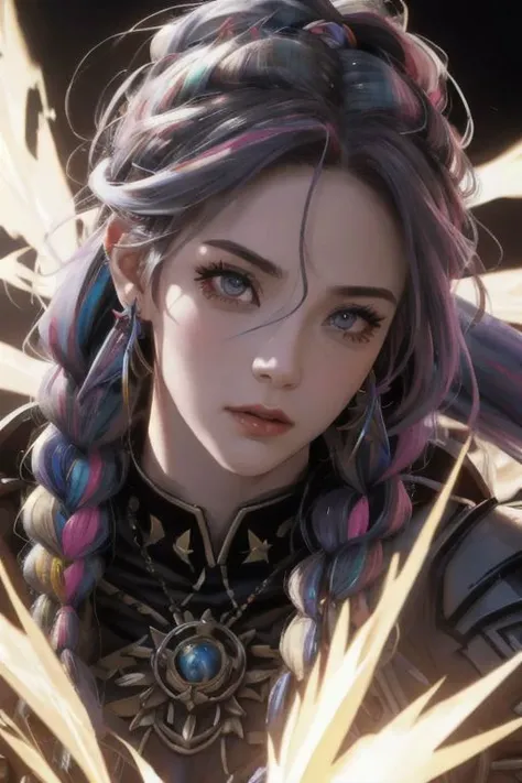 Extreme closeup, portrait of a female warrior, multicolored mixed colored hair, braids, flying though a paradox, action pose, Cinematic scene, hero view, extremely beautiful piercing eyes, detailed background, masterpiece, best quality, high quality, highr...