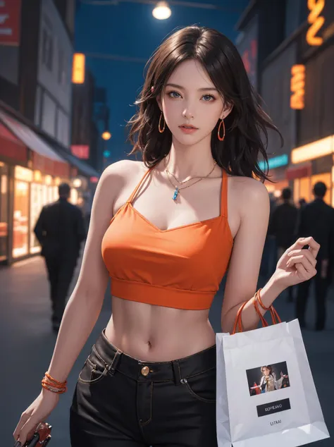 a woman in an orange top is holding a shopping bag