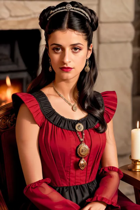 portrait close up of a anyaC3,(messy bun), sitting on a wooden chair, wearing a fancy Victorian era dress, seductively posing, medium breasts, pale skin, dark red lips, dark eye shadow, ornate pendant, sitting in front of a large stone fireplace, candle bu...