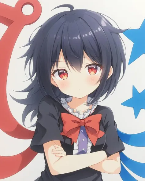 anime girl with black hair and red bow standing in front of a blue star