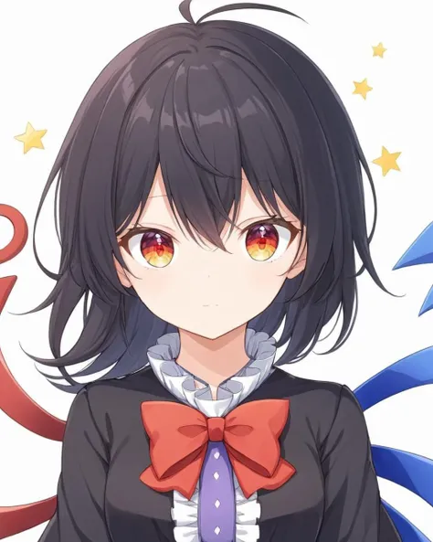 anime girl with black hair and red eyes wearing a black shirt