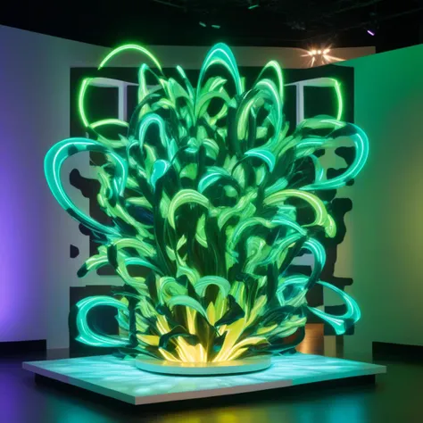 A symphony of cybernetic blues and neon-infused greens bathes a 3D digital sculpture in an electrifying dance of light. Crafted with meticulous precision, the sculptures surfaces ripple with the illusion of movement, as if responding to the pulse of an uns...