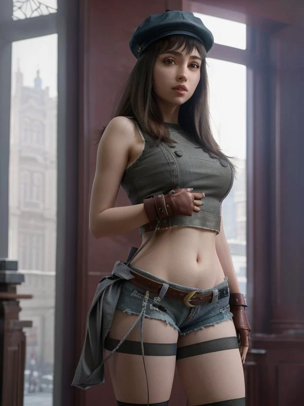 <lora:kyrie-nvwls-v1:1> , cabbie hat, red gloves, grey crop top, belt, short shorts, spandex shorts, layered clothing, striped thighhighs, lace-up boots, 
perfect(face ,eyes , nose, hands , arms),  soft light , detailed fingers, extremely detailed eyes and...