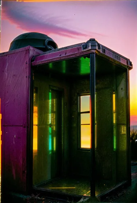 there is a small purple phone booth with a sunset in the background