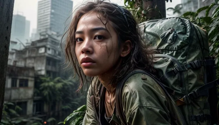 masterpiece, high quality, cinematic lighting, realistic, highly detailed face, 1girl, 1boy, thai, large breasts, post-apocalypse, scavenger, jungle, overgrown city, shiny skin, backpack, <lora:more_details:0.7>, nan goldin, from side, rain,