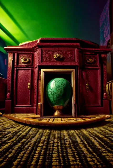 there is a green globe sitting in a red cabinet on a rug