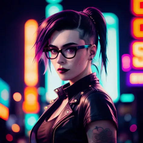 ((RAW, analog style)), studio quality, f/5.6, 100mm, Shoulder Level Shot, abstract colors, texture, film grain, (skin pores:0.15), intricate RAW full-body dramatic portrait photo of a nerdy goth chick, Woman, neon hair, pale skin, freckles, analog style, e...