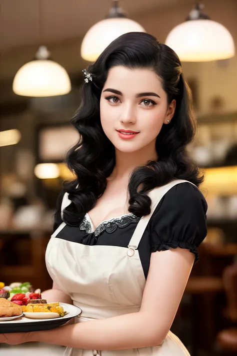 (Deep focus),(realistic:1.25), (realistic lighting:1.5), (sunset lighting), (atmospheric lighting), (1950s camera), Intricately detailed, Perfect, Masterpiece, Best Quality, Full body photo of a 21 year old American woman as a 1950s cafe waitress, standing...