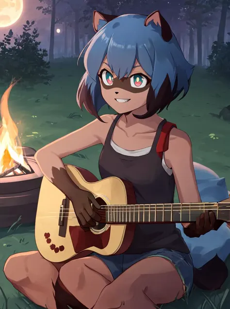 a woman sitting in the grass with a guitar near a campfire