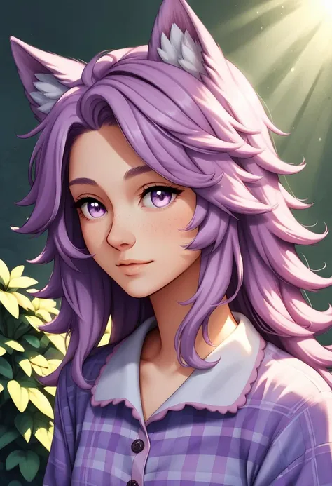 a close up of a person with purple hair and a cat ear