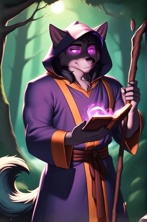 a cartoon cat dressed in purple holding a wand and a book