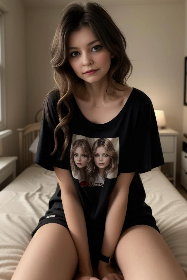 a close up of a woman sitting on a bed wearing a shirt