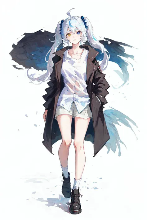 (best quality, masterpiece), 1girl, (female focus), ahoge, white blue hair, ((white shirt), (overfit shrit)), long hair, standin...