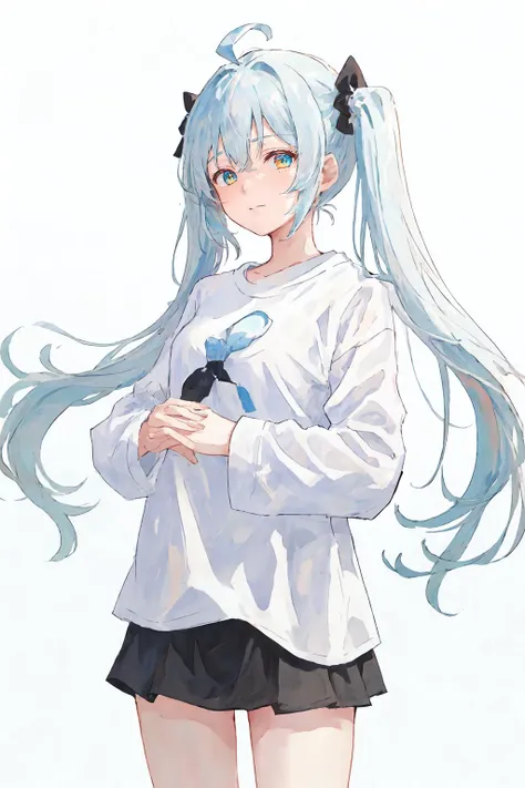 (best quality, masterpiece), 1girl, (female focus), ahoge, white blue hair, ((white shirt), (overfit shrit)), long hair, standin...