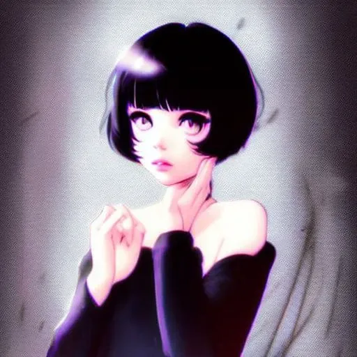 anime girl with black hair and black gloves posing for a picture