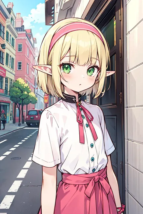 solo elf girl, 12yo, flat, little, skinny, blonde blunt bangs bob hair, green eyes, pointy ears, pink hairband, standing, upper body, (street fashion:1.2)