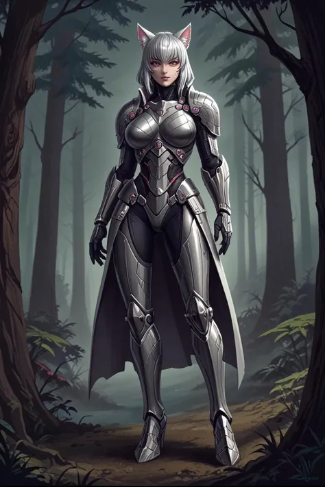 a wearing intricate steel armor and attractive cat woman in a standing in the forest in the style of highly detailed concept art, sci fi city, <lora:sdxl_lightning_8step_lora.safetensors:1.0>, <lora:add detail xl.safetensors:1.5>