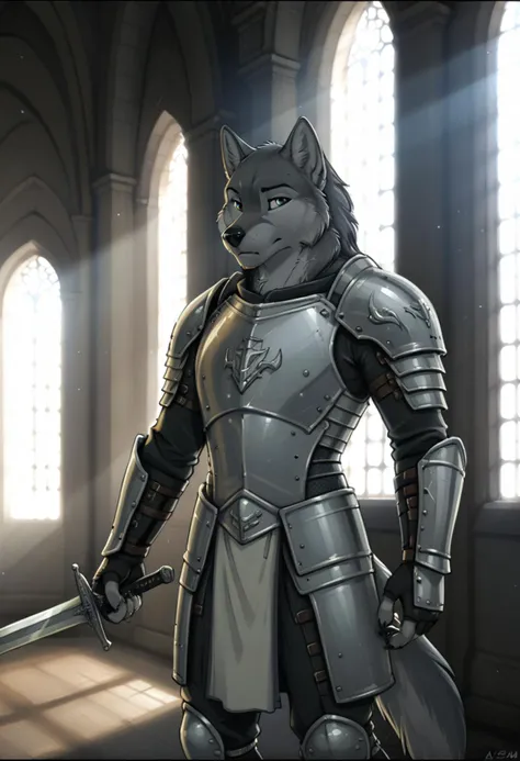 anthro wolf knight in iron armor, holding sword, inside cathedral, crepuscular rays, depth of field, by zaush