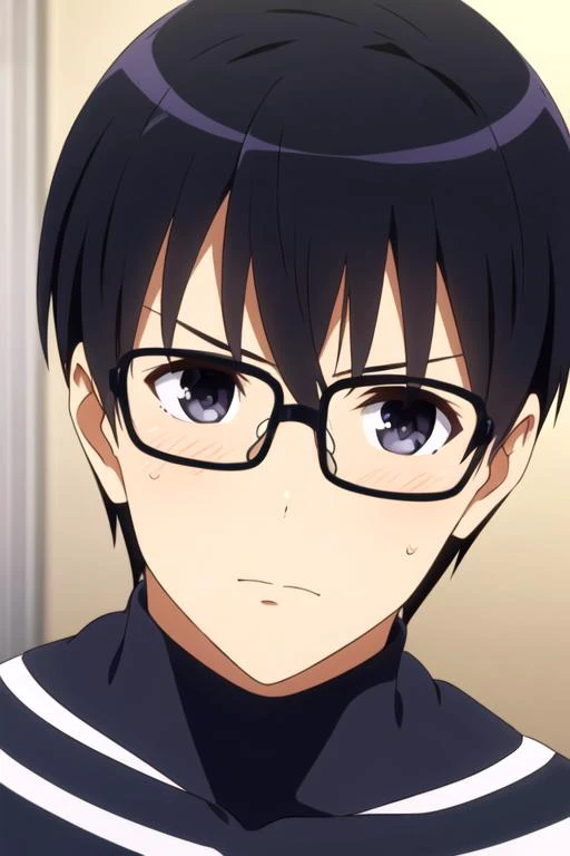 masterpiece, best quality, wallpaper, 1boy, solo, male focus, looking at viewer, , depth of field, , , <lora:tomoya_aki:0.74>, tomoya_aki, black hair, black eyes, opaque glasses