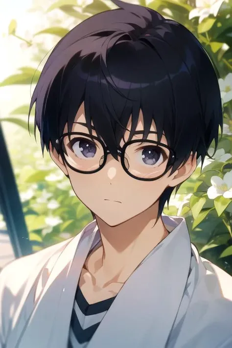 masterpiece, best quality, movie still, 1boy, solo, male focus, looking at viewer, upper body, depth of field, ligne claire, , <lora:tomoya_aki:0.74>, tomoya_aki, black hair, black eyes, glasses, , , spring, 16k resolution