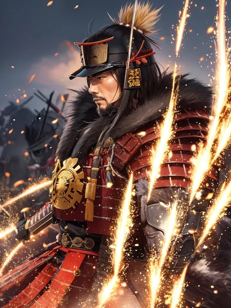 visualize a powerful samurai in the midst of an important historical moment, displaying their skill and bravery as they make a d...