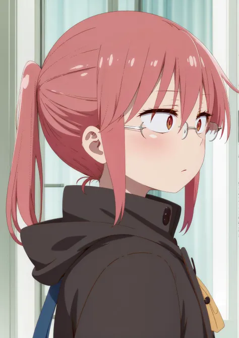 (best quality), highres, <lora:kdm-style-v14h:1>, kdm style, kobayashi /(maidragon/), solo, pink hair, glasses, semi-rimless eyewear, small pupils, brown eyes, ponytail, bangs, hair between eyes, sidelocks, jacket, from side