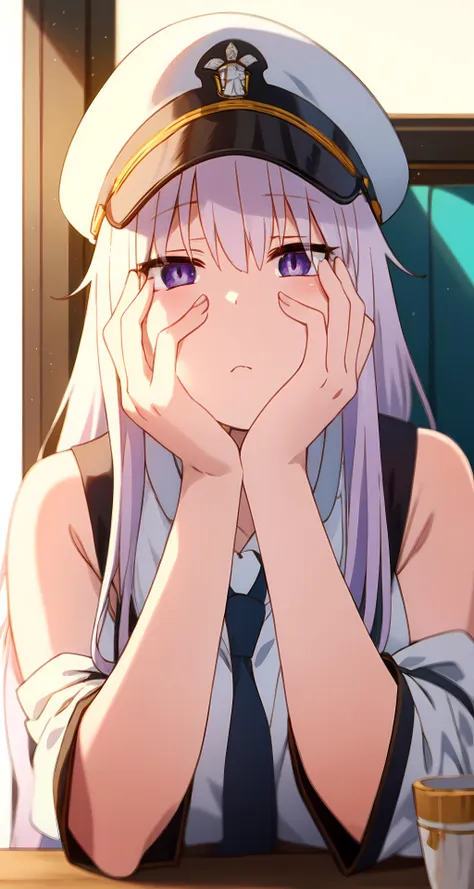 anime girl in sailor hat sitting at a table with her hands on her face