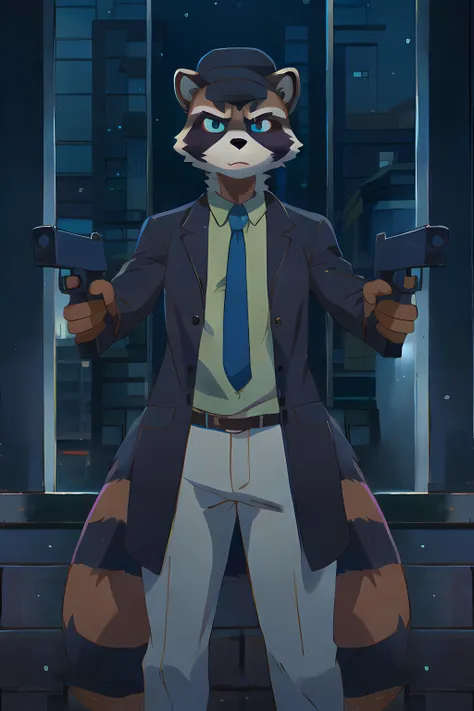 anime character dressed in a suit and tie holding two guns