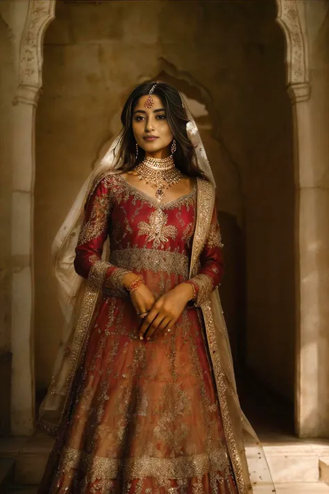 a woman in a red and gold lehenga