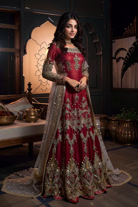 a woman in a red and gold anarkah suit standing in a room