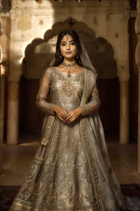 a woman in a grey and gold anarkah gown