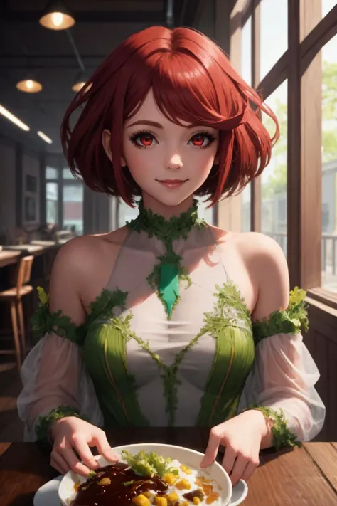 High Quality, Masterpiece, <lora:NSRusalka:0.8>, wearing NSRusalka, 1girl, pyrarnd, <lora:Char_Xenoblade_Pyra:1>, food, simple background, elbows on table, cup, blurry background, indoors, upper body, <lora:Pos_AcrossTable:1>, seductive smile, red eyes,