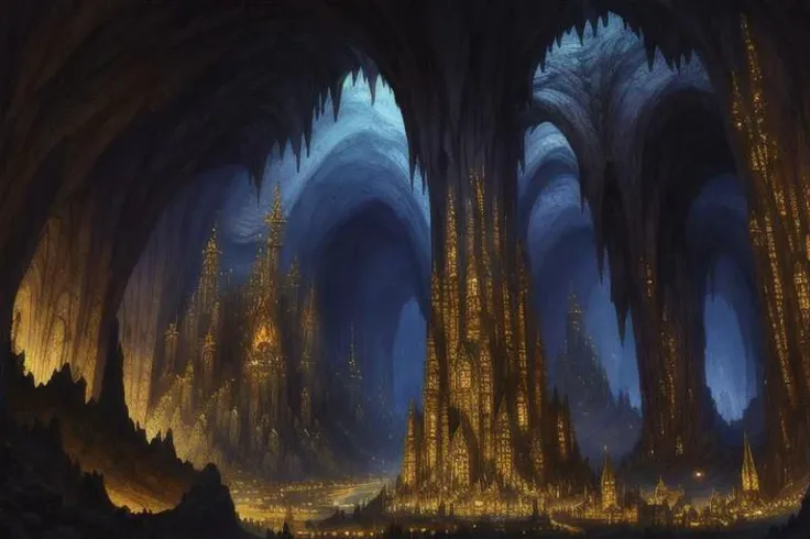 Best quality, highly detailed, medieval, fantasy, digital illustration, underground cavern, underdark, city made of gold, shiny, statues, extravagant, stalactites