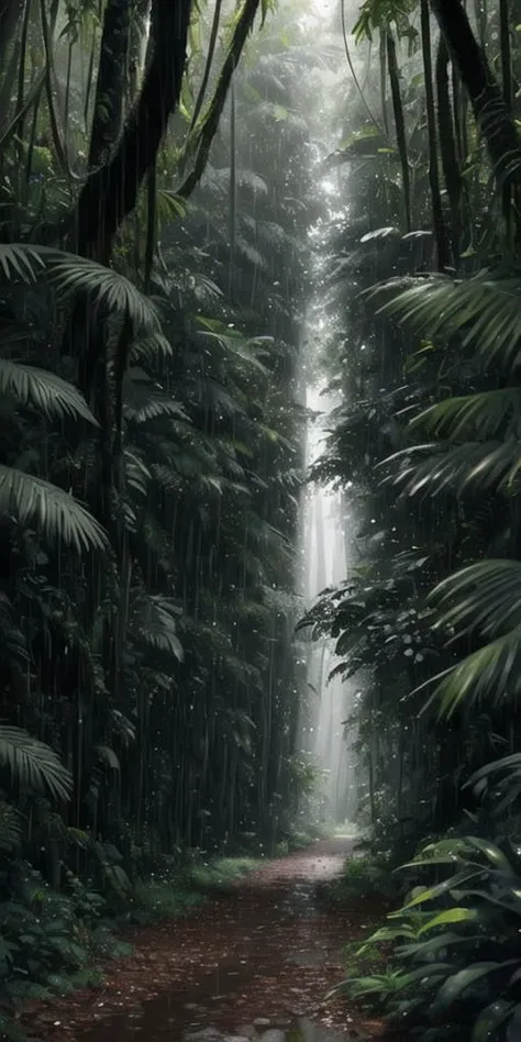 arafed view of a path through a dense tropical forest