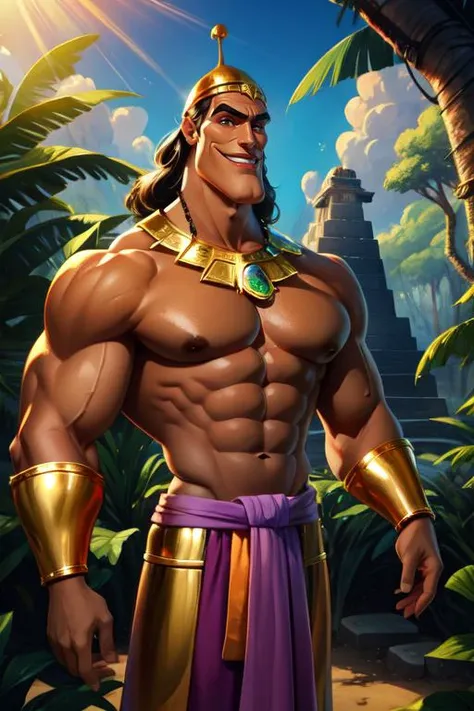 kronk, muscular,   gold cap,  jewelry, 
 topless male,  skirt,  bracer,   light smile,   standing, upper body, 
gold Aztec temple, jungle, 
 <lora:kronk:0.7>