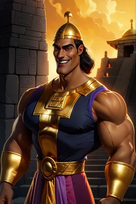 kronk, black hair,  muscular, 
gold cap, gold bracer,  shirt, sleeveless,
smile, standing, upper body, 
gold Aztec temple,
 <lora:kronk:0.7>