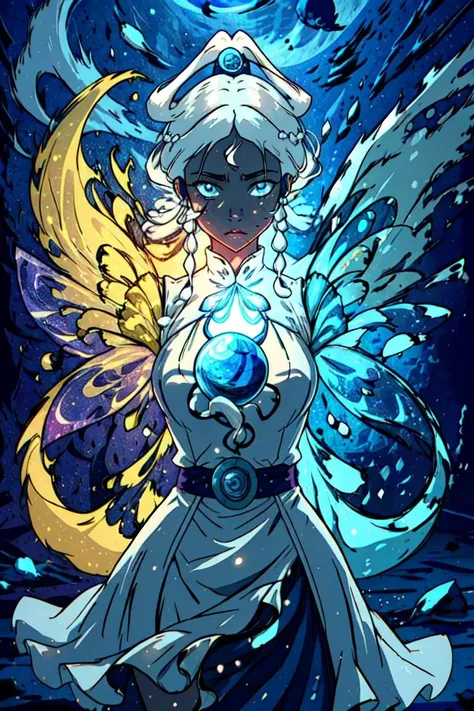 (princess yue:1.2), white hair, (girl glowing with a white aura, blue magic wisps surrounding her:1.5), (hair down, long hair, flowing hair, floating hair), light blue belt with long ribbons, blue eyes, tan skin, dark skin, (white moon goddess dress, godde...