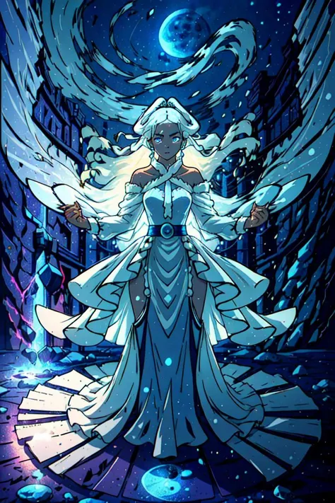 (princess yue:1.2), white hair, (girl glowing with a white aura, blue magic wisps surrounding her:1.5), (hair down, long hair, flowing hair, floating hair), light blue belt with long ribbons, blue eyes, tan skin, dark skin, (white moon goddess dress, godde...