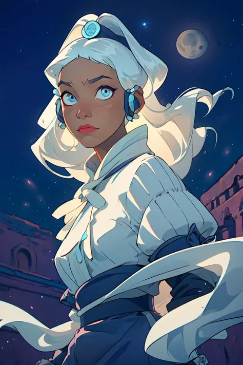 (princess yue:1.2), white hair, (long hair, flowing hair, floating hair), light blue belt with long ribbons, blue eyes, tan skin, dark skin, white moon goddess dress, flowy dress, glowing aura, moon behind her, moon and stars background, (realistic:1.2), (...