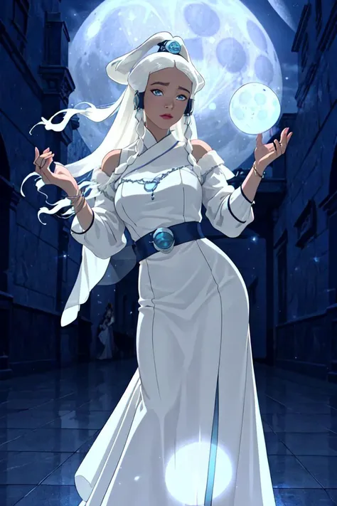 (princess yue:1.2), white hair, (girl glowing with a white aura, blue magic wisps surrounding her:1.5), (hair down, long hair, flowing hair, floating hair), light blue belt with long ribbons, blue eyes, tan skin, dark skin, (white moon goddess dress, godde...