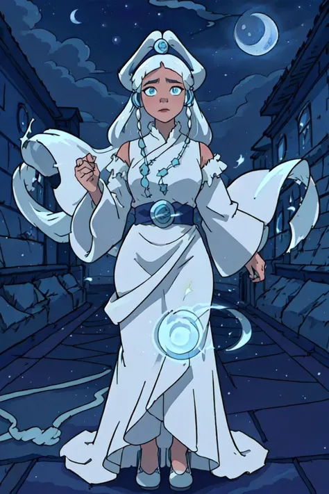 (princess yue:1.2), white hair, (girl glowing with a white aura, blue magic wisps surrounding her:1.5), (hair down, long hair, flowing hair, floating hair), light blue belt with long ribbons, blue eyes, tan skin, dark skin, (white moon goddess dress, godde...